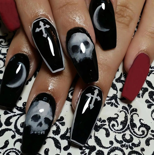 Halloween Press on Nails Medium Coffin Shape Fake Nails with Horror White Skull Designs Full Cover Stick on Nail Glossy Red Black Acrylic False Nails for Women Party Manicure Decor 24 Pcs