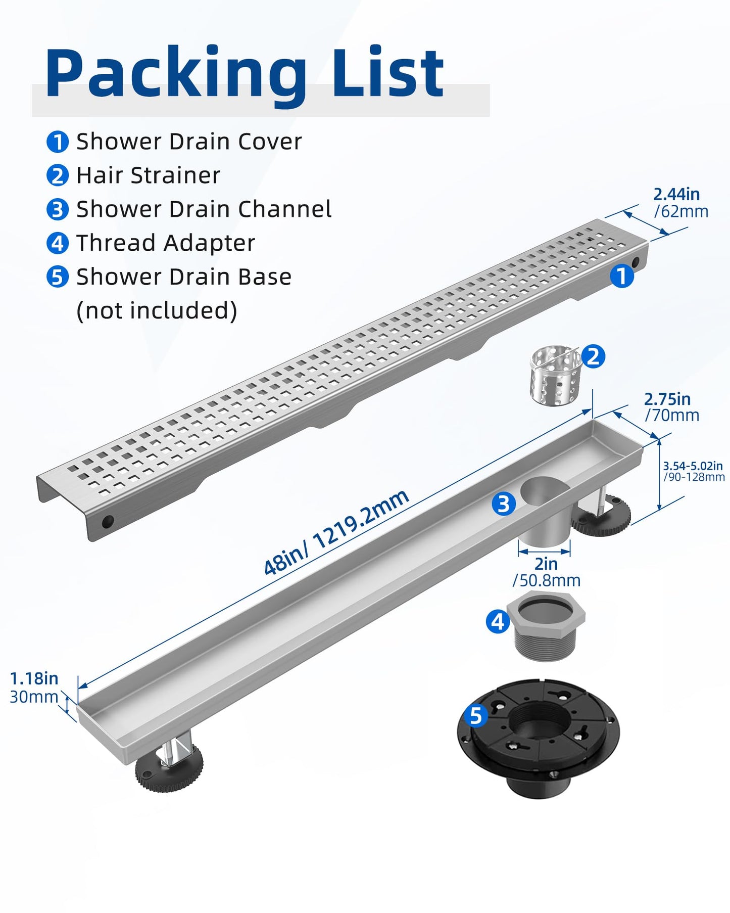 HTOH Shower Drain Offset Outlet for Bathroom: 48-Inch Brushed Nickel Linear Shower Drain with Removable Grate - 304 Stainless Steel Shower Floor Drain Side Outlet with Hair Catcher, Adjustable Feet
