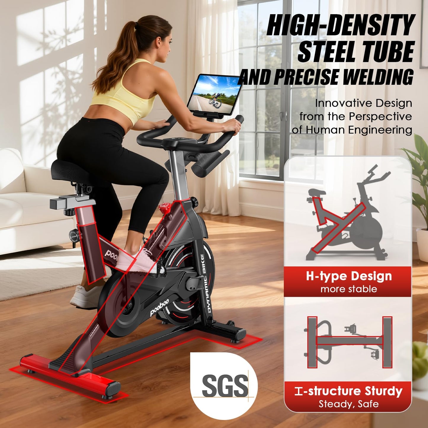 pooboo Exercise Bike, Adjustable Magnetic Resistance Stationary Bikes for Home with App Compatible, Quiet Indoor stationary bikes with 350lbs Weight Capacity Comfortable Seat,Tablet Mount and Fitness Courses for Weight Loss