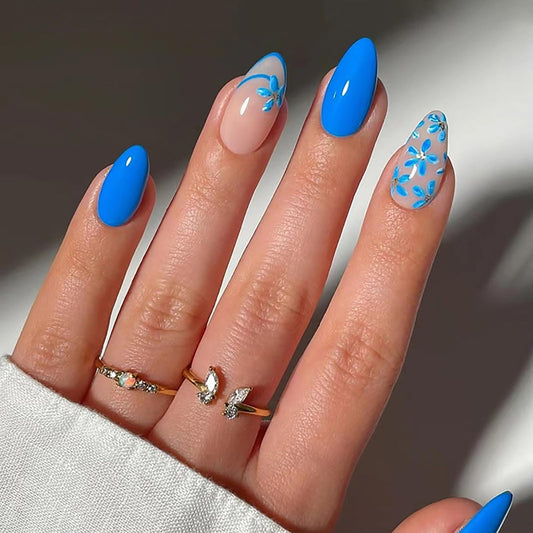 SWEKKE Blue Short Almond Press-on Nails - Full Cover Floral With Gold Glitter, Glossy French Acrylic Design - Handmade Manicure for Women and Girls - 24 Pieces