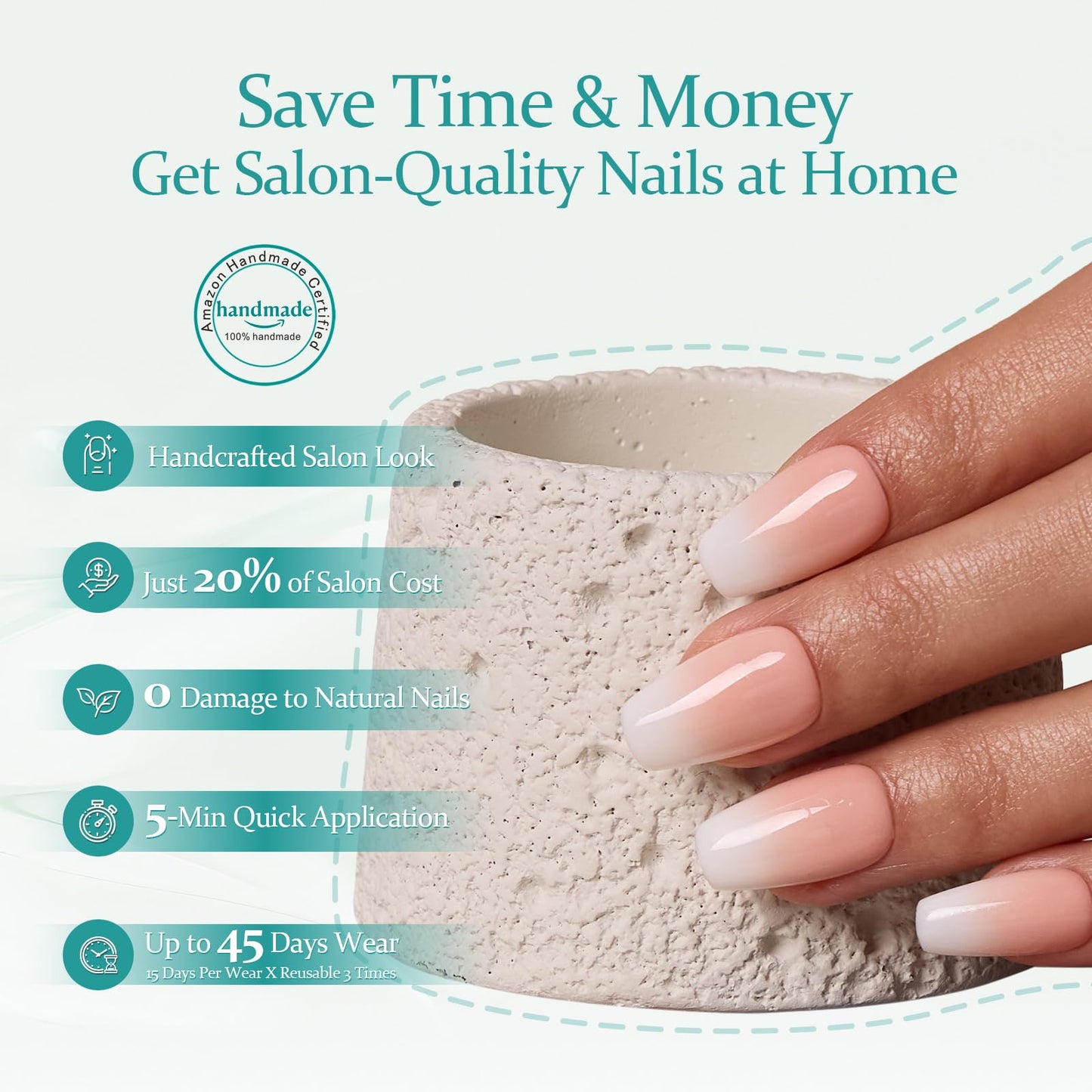 MOKAYIMO Ombre Press On Nails,Medium Square Press On Nails,Reusable False Nails Kit With Everthing,10pcs Durable Handmade Custom-Sized Acrylic Nails Press On,Size M