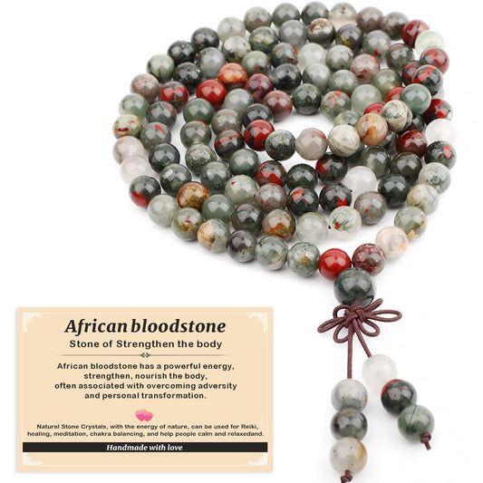 AD Beads 8mm 108 Prayer Mala African bloodstone Elastic Bracelet - Strengthen the body - Handmade Yoga Meditation Healing Power Energy Gifts for Unisex Adult.