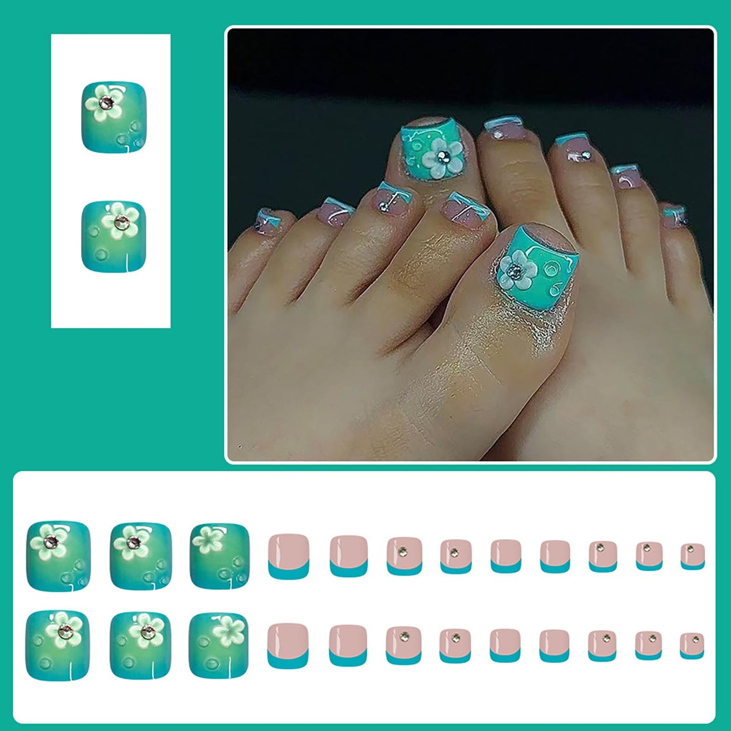 24Pcs Spring Summer Press on Toenails,Short Square Fake Toe Nails Green French with 3D Flower Rhinestones Designs Acrylic Toe Nail Press Ons Full Cover Glossy Stick on Toenails for Women