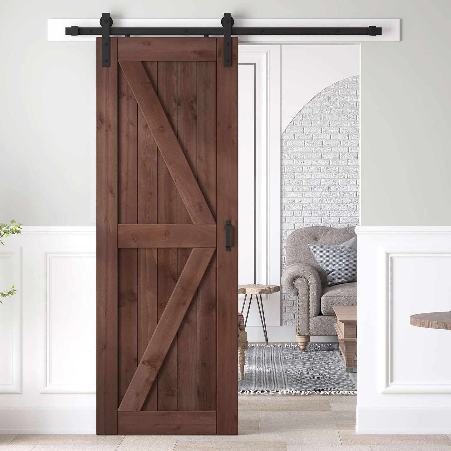 ROYMELO 32x84 inch Sliding Barn Wood Door Slab with 5.5ft Hardware Kit and Handle, Coffee, K Shape, Simple DIY Assembly