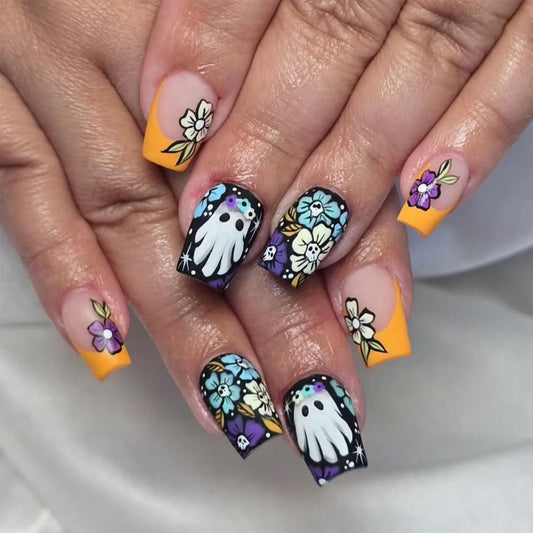 24 Pcs Halloween Press on Nails Short Square Cute Ghost Fake Nails with Skull Flower Designs Orange French Tip Glue on Nails Matte Full Cover Acrylic Nail for Women DIY Halloween Manicure