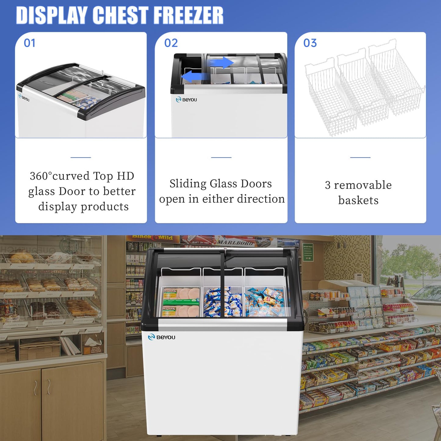 BEYOU 5.9cu Commercial Ice Cream Display Freezer- 3 Wire Baskets, 2 Sliding Display Glass Doosr, Mobile Top Deep Freezer for Shop Restaurant