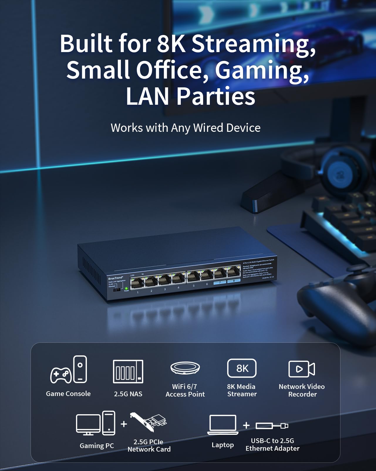 BrosTrend 2.5Gb Switch, Unmanaged 8 Port Ethernet Switch 2.5 Gigabit Supports Static Link Aggregation & VLAN, Fanless, Desktop Wall Mount, Multi Gig Splitter for Gaming, NAS, PC, Lifetime Protection