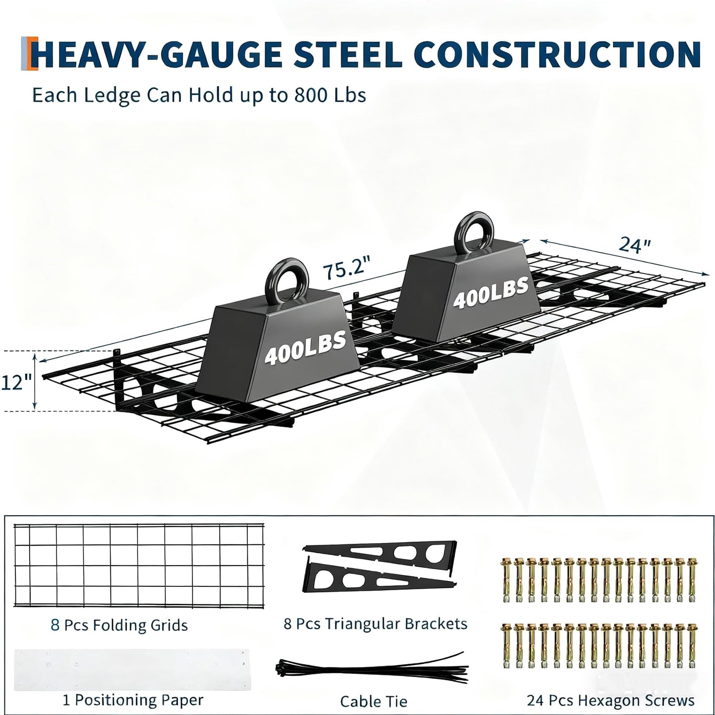 GarveeLife 2 Pack 2x6 ft Garage Storage Shelving Wall Mounted, 24 in-By-72 in 1600 LBS Heavy Duty Storage Shelves, Wall Shelve Garage Storage Rack Floating Shelves Organization for Warehouse, Laundry