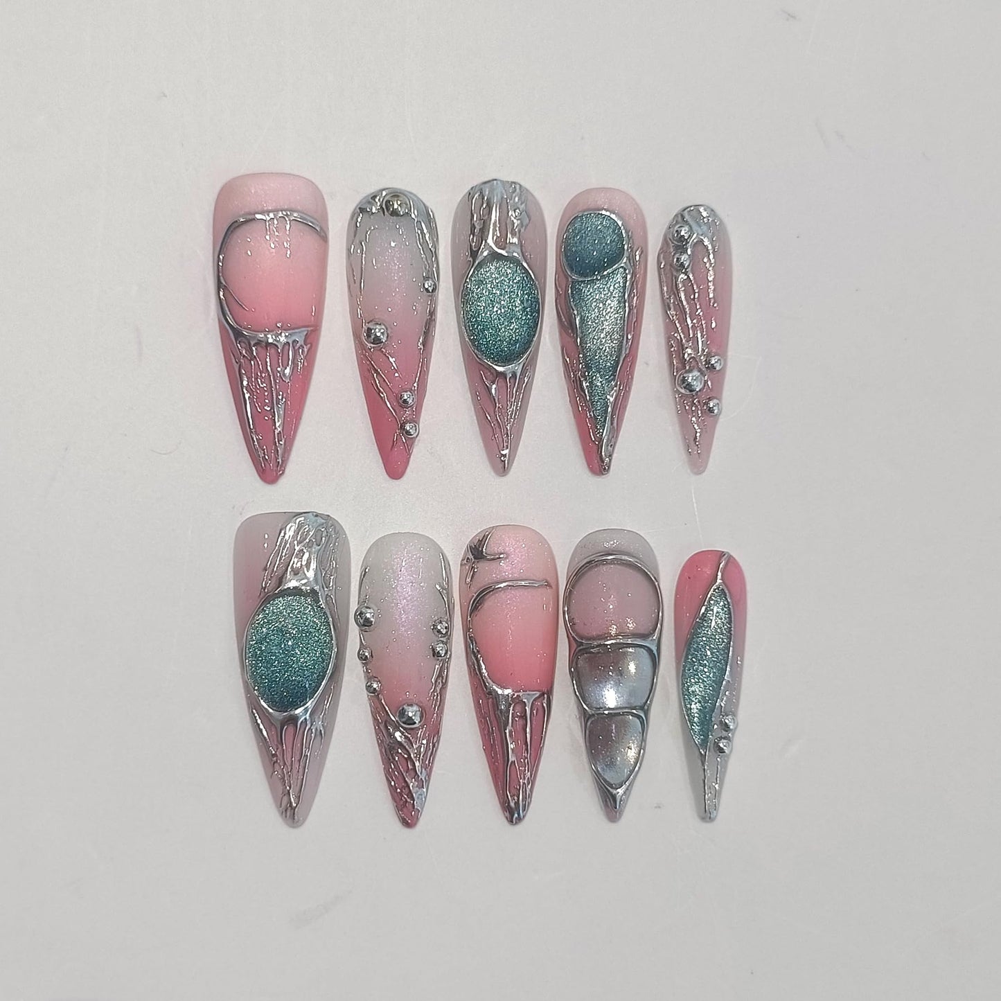 TENPAL Long Stiletto Press on Nails,Pink-Silver Holographic Gradient Hand-Painted Moons Fake Nails with 10pcs Tools,3D Cat Eye Glitter False Nails,Edgy Meteors Design Sweet-Edge Metal Nails(L)