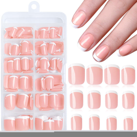 Lifextol 240pc French Tip Press on Nails Short With Glue and Adhesive Tab, False Acrylic Square Tips, Artificial Fingernail Stick-Ons