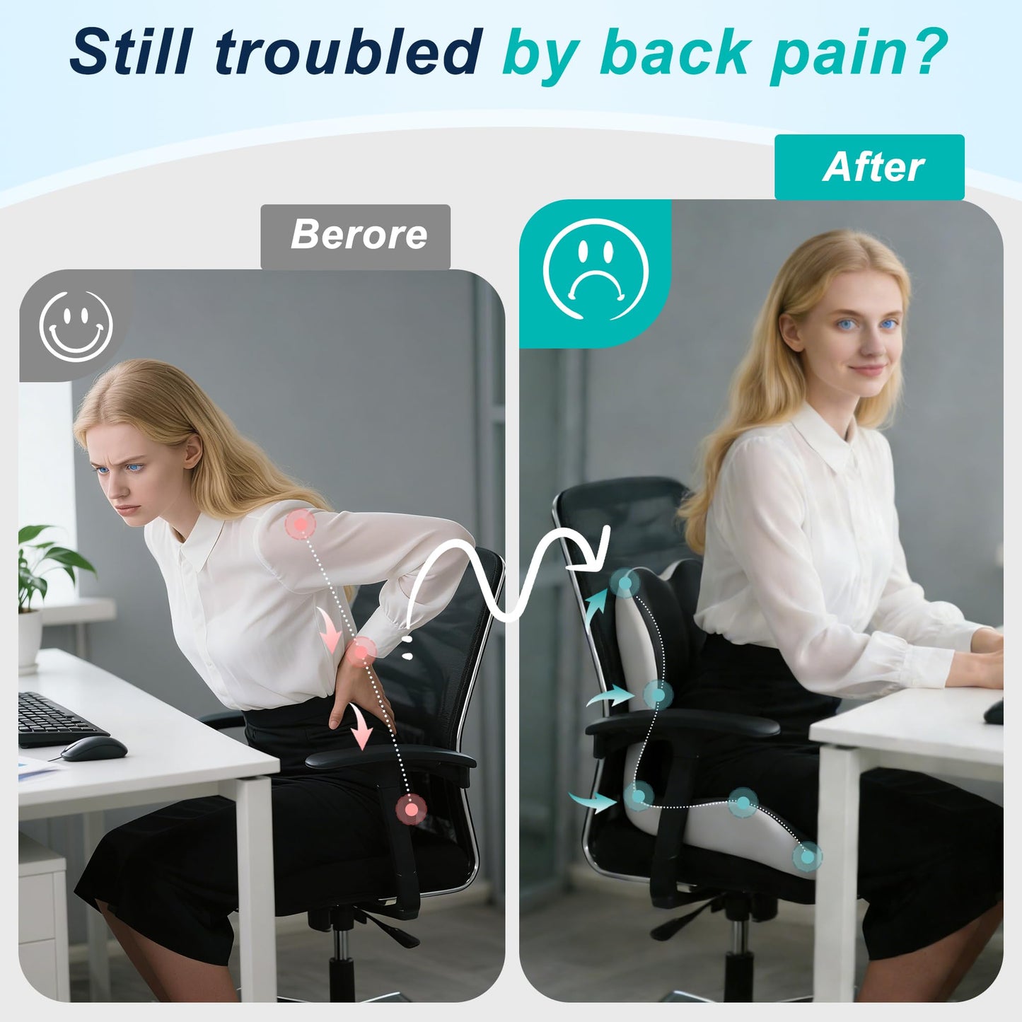 BANKQF Seat Cushion for Office Chair and Car, Lumbar Support Pillow for Office Chair, Memory Foam Ergonomic Seat Cushion for Long Sitting, Back & Tailbone Pain, Sciatica - Dark Gray & Light Gray