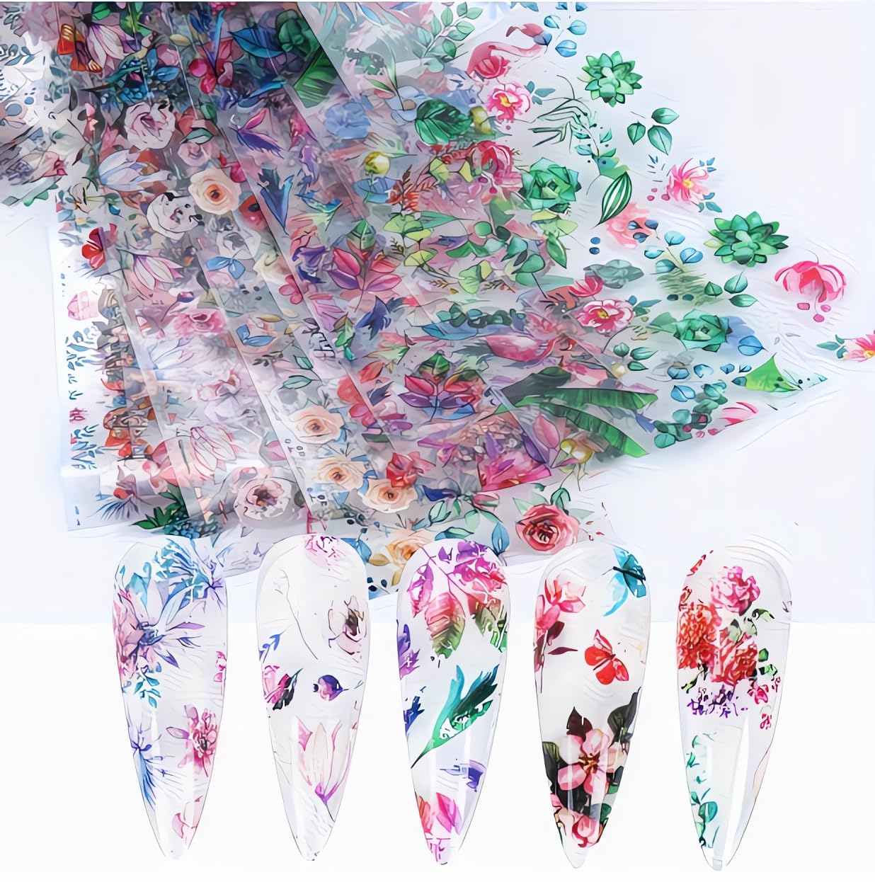 10 Rolls Flowers Plants Nail Foils Transfer Nail Art Flower Nail Stickers Spring Summer Foil Nail Art Supplies Leaves Rose Cranes Nails Foil Transfer Stickers Starry Sky Paper Manicure for Women