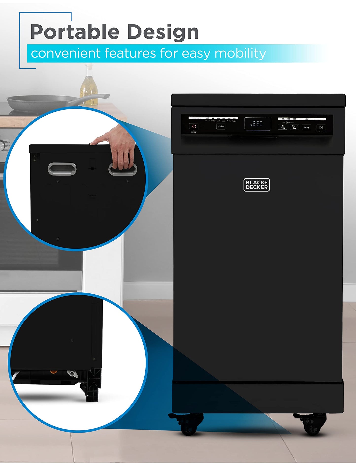 BLACK+DECKER 18-Inch Portable Dishwasher, 8-Place Setting Capacity, Mobile Dish Washer with 6 Wash Programs, LED Display, Stainless Steel Tub, ENERGY STAR Certified, BPD8B, Black