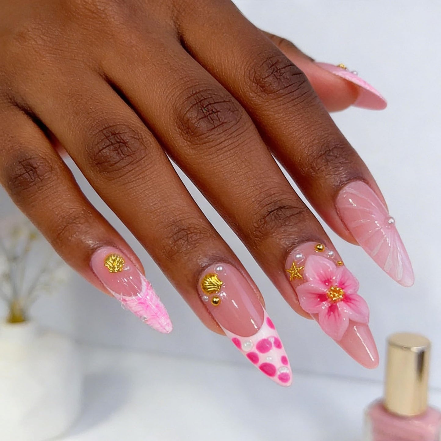 10 Pcs Handmade Press on Nails Long Stilettos Fake Nails with 3D Flowers Star Bell Charms Design Pink White French Tip False Nails Stiletto Press Ons Nails Acrylic for Women Wedding Manicure - M Size