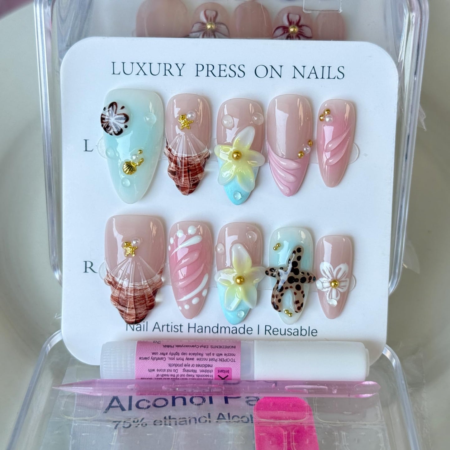 Haozerart Cute Beach Handmade Press On Nails Medium Almond French Fake Nails, with 3D Flower Raised Shell Accents, Reusable Acrylic Nails 10Pcs for Women (M Size)