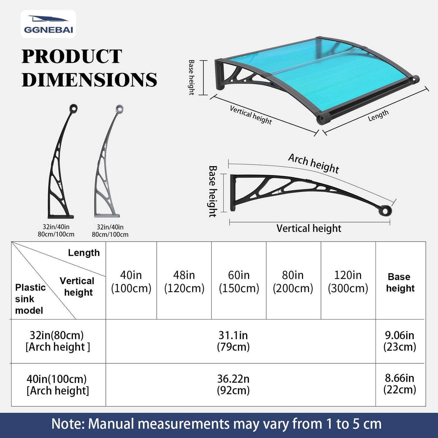 Awning for Door Entrance with Drainage Sink,40x80 Inch Awnings for Doors,Window Canopy Exterior with Plastic Steel Bracket,Polycarbonate Cover,UV,Rain,Snow Protection for House,Porch,Patio,Deck