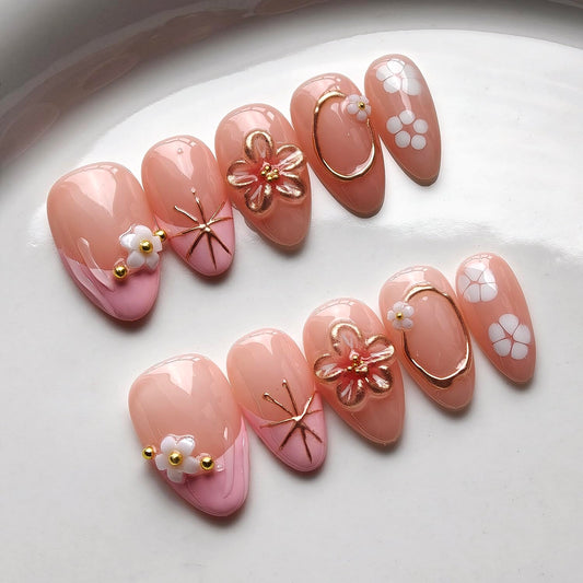 French Tip Press on Nails Handmade Short Almond 3D Thick Acrylic Nails False Nails with Gold Ball Starlight Flower Designs Pink Glossy Fake Nail Sturdy Art Press on Nail 10Pcs(M)