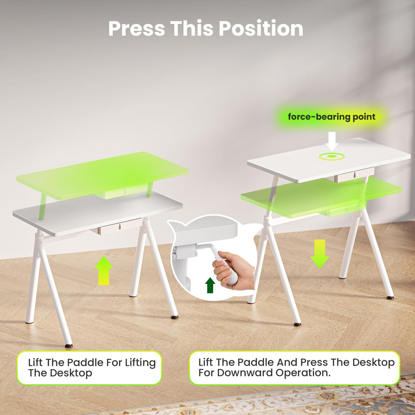 WALKINGDESK Standing Desk, 4-Leg Pneumatic Adjustable Desk for Walking Pad Treadmill - Stable No Wobble Fixed Frame, 40” Computer Desk with Fabric Drawer for Home Office, Gaming Desk, White