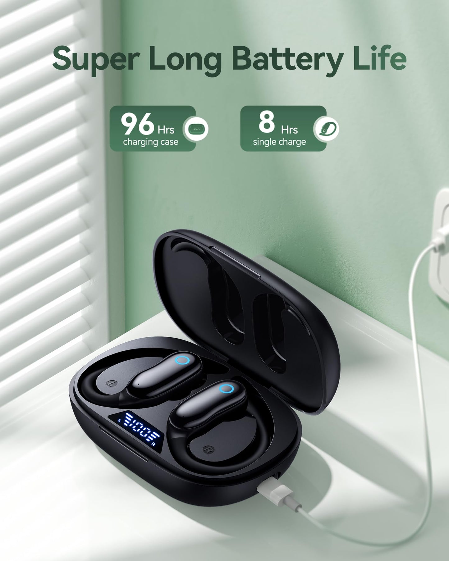 GNMN Active Noise Cancelling Ear Buds Wireless Earbuds 96hrs Playback Bluetooth Headphones Dual Battery Display Stereo Bass Earphones with Earhooks Microphone IPX7 Waterproof for Sports/Runing/Workout