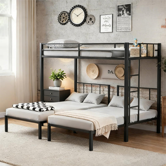 Mixcous Triple Bunk Bed Twin XL Over Twin & Twin, Heavy Duty Metal Bed Convertible to 3 Beds for Teens & Adults, Bunk Bed Frame with Adjustable Ladder, Noise-Free, Ideal for Space-Saving Needs, Black