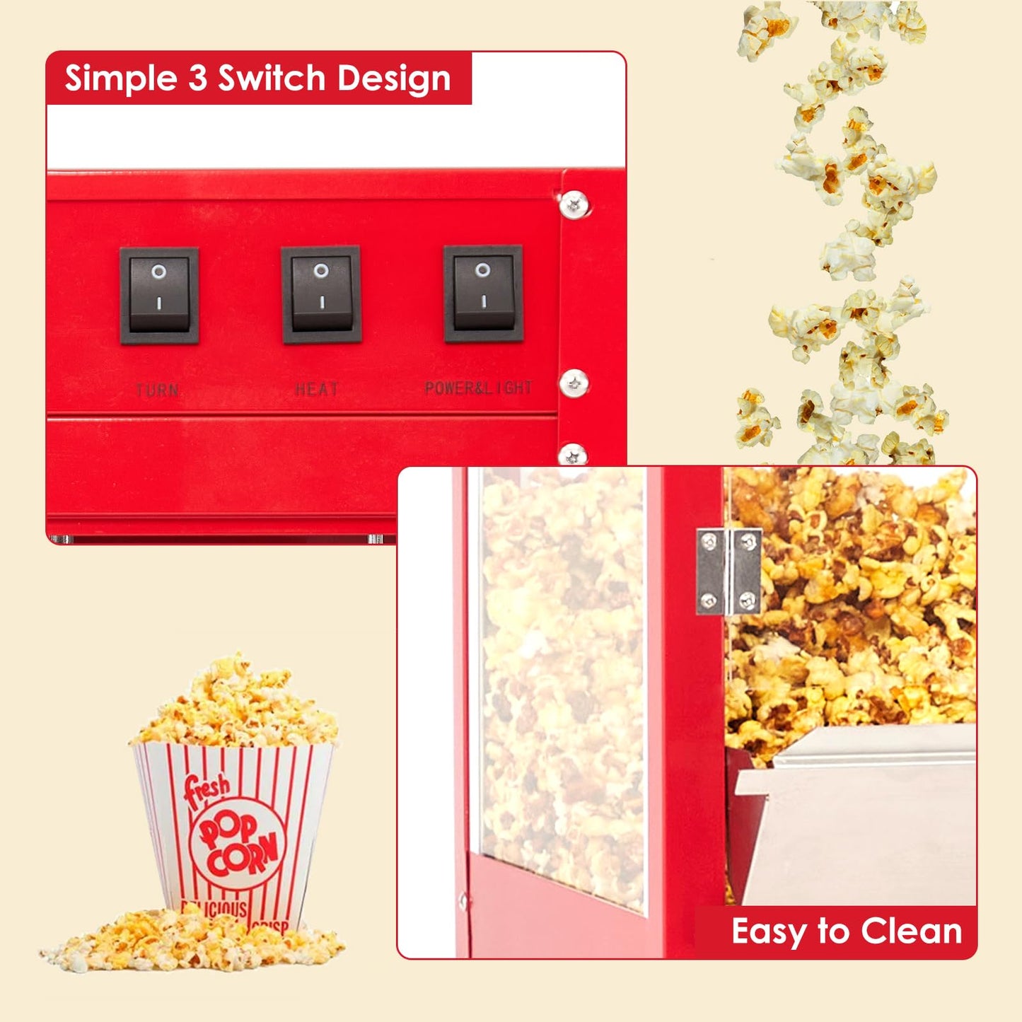 Takywep Commercial Popcorn Machine Cart, Popcorn Maker with 10 Oz Kettle Makes Up to 64 Cups, 3-Switch Control, Theater Style Popcorn Poppers