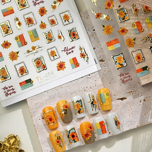 Fall Nail Art Stickers, 5D Embossed Autumn Flower Nail Decals for Nail Art Design Self-Adhesive Nail Supplies Accessories for Women