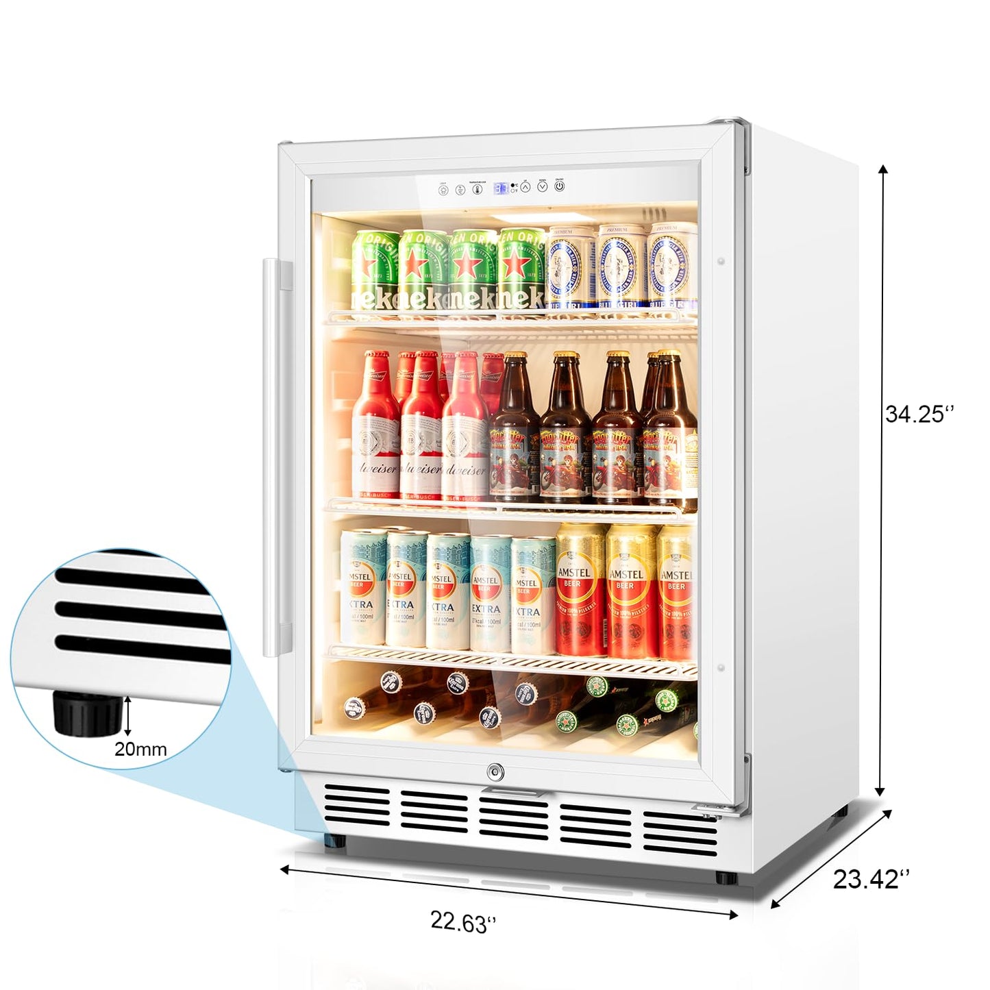 Velivi Beverage Refrigerator, 4.9 Cubic Feet Undercounter/Freestanding 24 Inch Beverage Fridge with Glass Door, LED Light, Safety Lock, Touch Control, Low Noise (White)