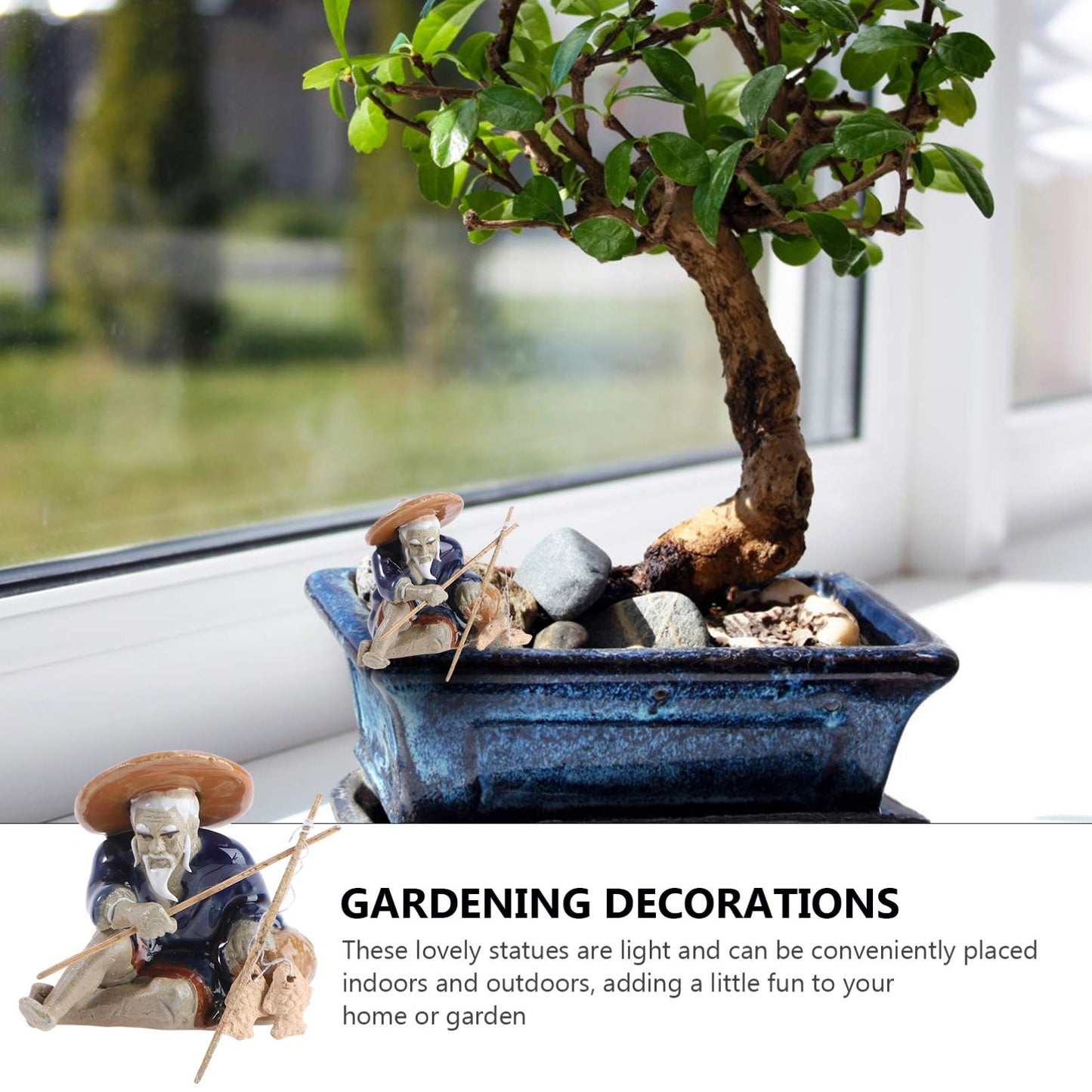 2Pcs Bonsai Collection Miniature Fisherman Figurines Ceramic Japanese Garden Decor, Mini Fishing Garden Statue, Fish Tank Landscape Ornament, Little Old Man Figure for Bonsai, Grey Brown