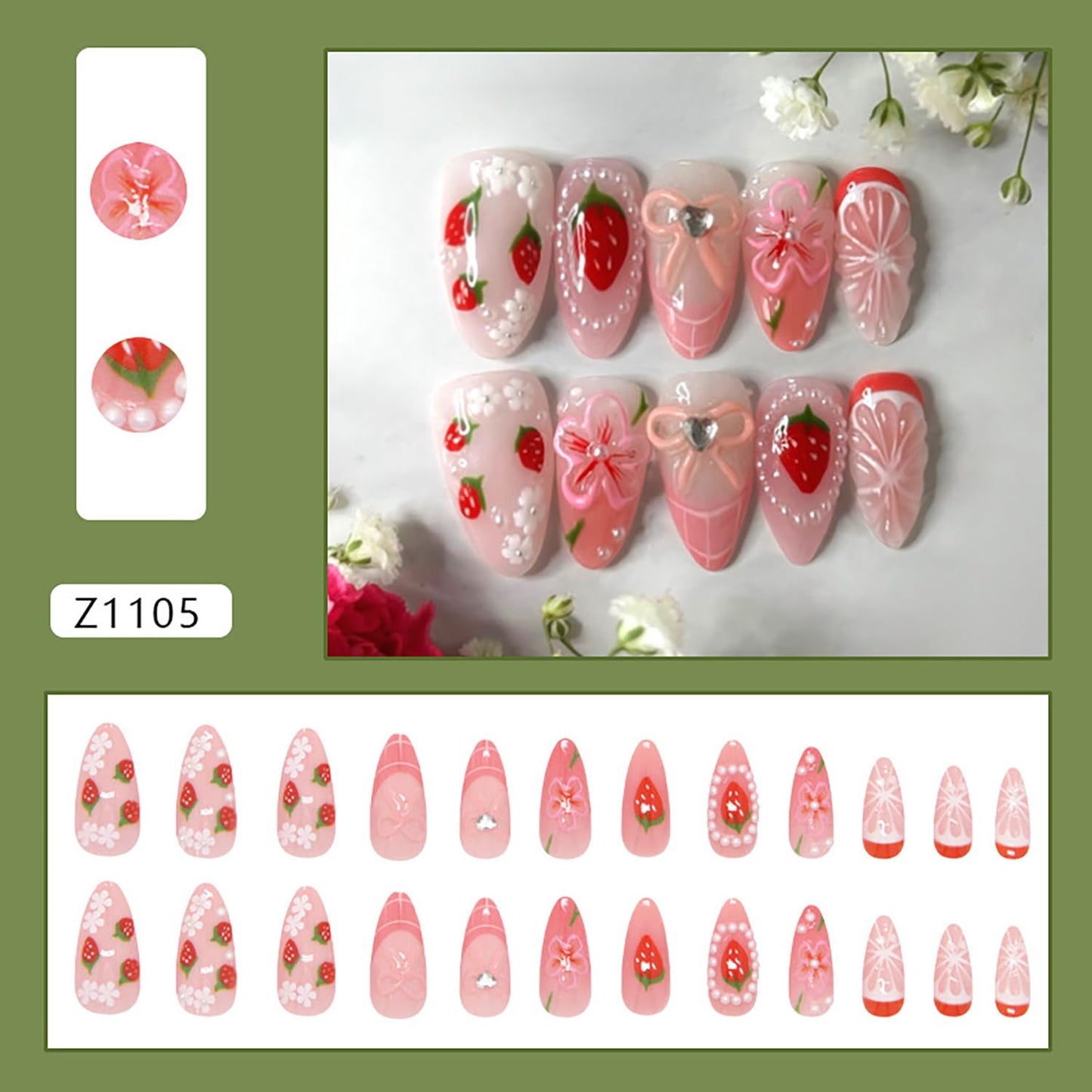 EYZOTSF Press on Almond Nails Medium Length Glossy Full Cover Acrylic Almond Shaped False Nails with Designs Artificial Fake Nail with Charms Glue Stick ons Fingernails for Women Girls(Z1105)