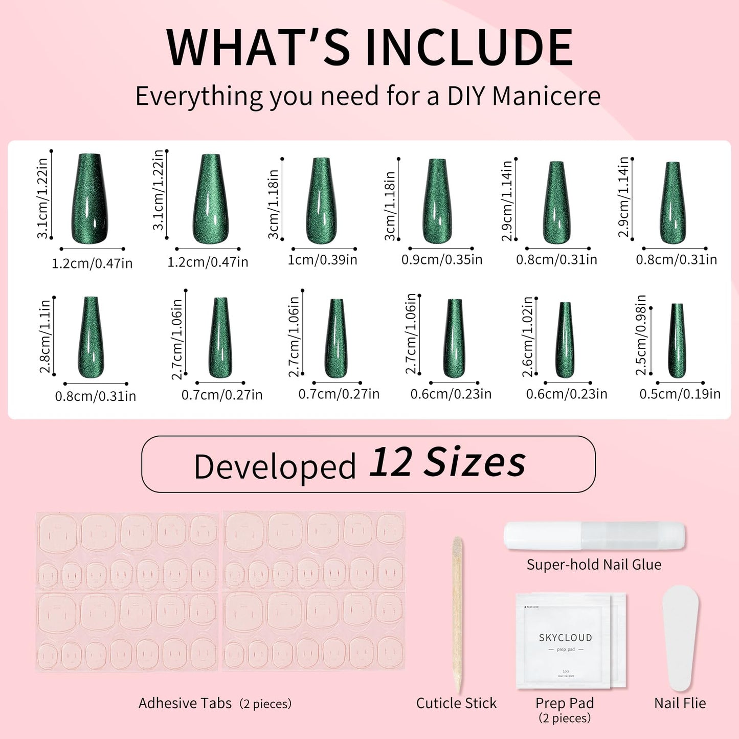 Dark Green Cat Eyes Press On Nails,12 Sizes - 24 Pcs Soft Gel Green Long Coffin Fake Nails Kit with Nail Glue, Natural Reusable Stick On False Nails for Women and Girls SK1042