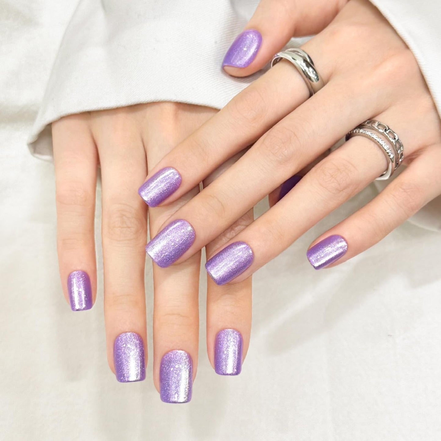 Purple Cat Eyes Press On Nails,12 Sizes - 24 Pcs Soft Gel Purple Short Squoval Fake Nails Kit with Nail Glue, Natural Reusable Stick On False Nails for Women and Girls SK1059