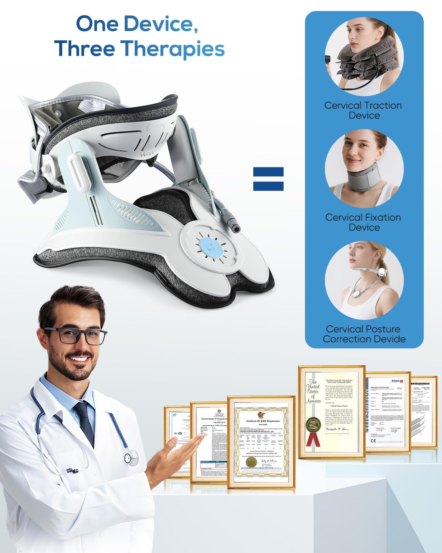 HygiVital 3-in-1 Cervical Traction Device, Neck Stretcher with Air Collar: Neck Pain Relief, Posture Correction & Spine Alignment in Minutes a Day - Portable Neck Brace with Manual Pump