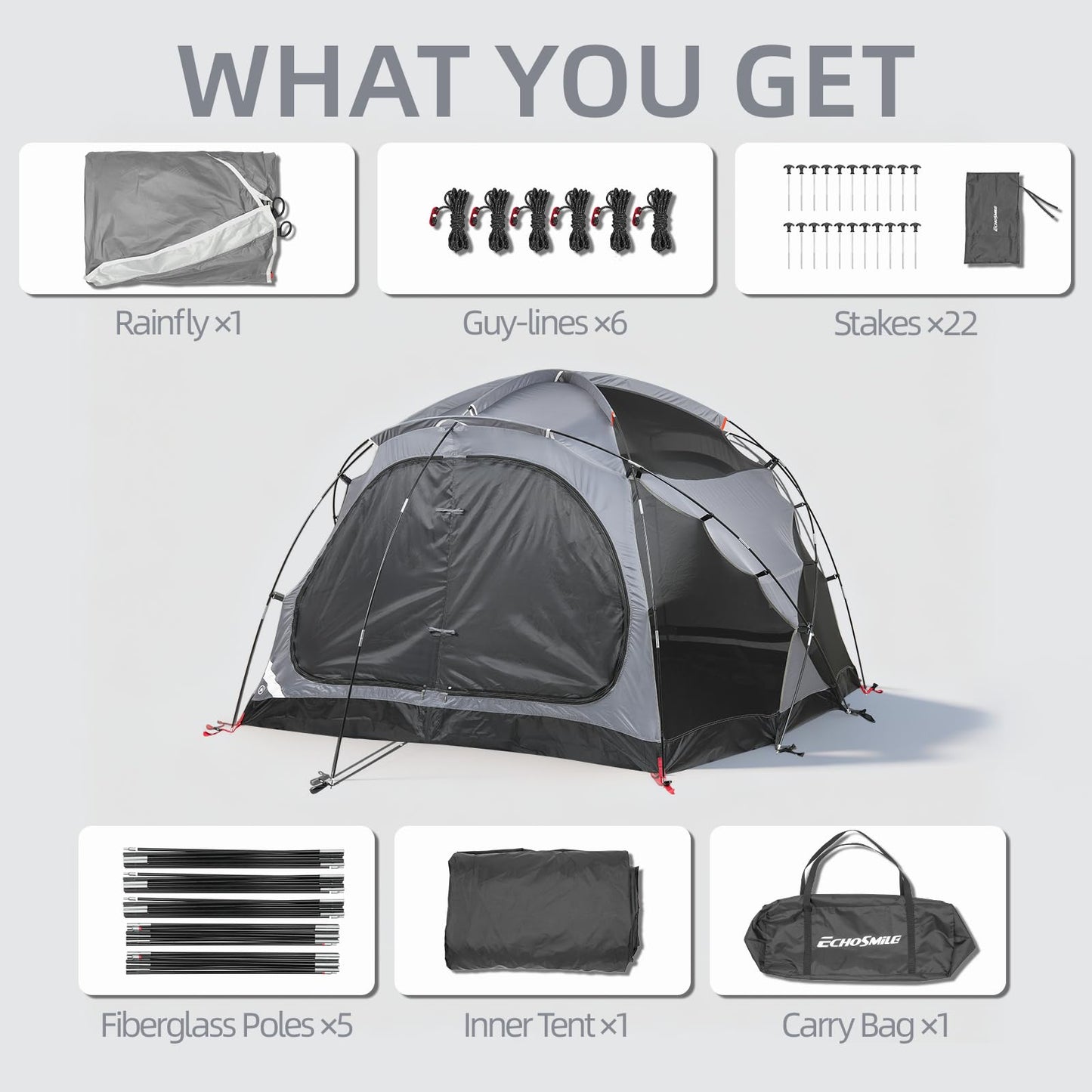 EchoSmile Tents for Camping, Waterproof Windproof Tent with Multi-Pole, 3-5 Person Spacious Dome Tent with Expandable Space for Shoes, Packs & Wet Items, Easy Setup Tent for Camping & Hiking-Gray