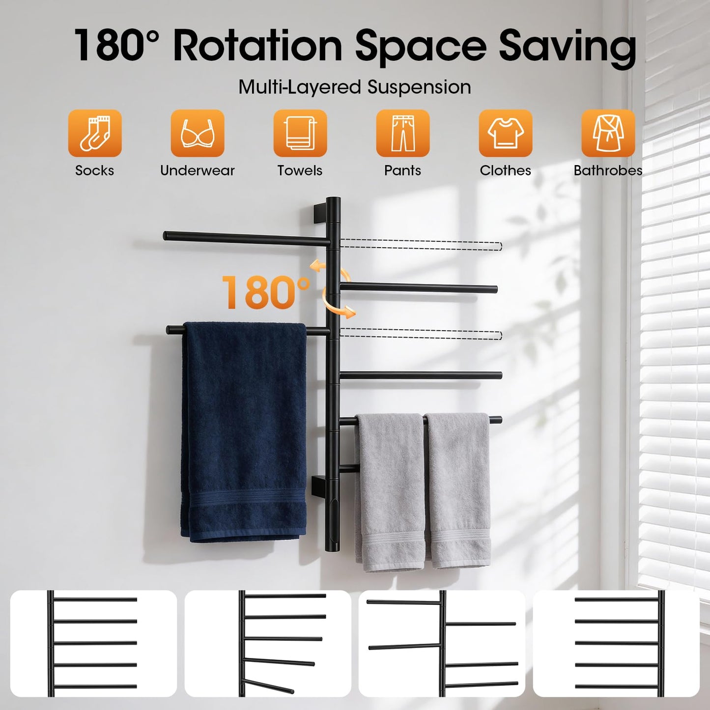 Swivel Heated Towel Rack, 180° Rotating, 5 Bars, Wall-Mounted, Electric Towel Warmer with Touch Panel, 1H-9H Timer, Temperature Regulation for Bathroom, Home, Salons and Spas
