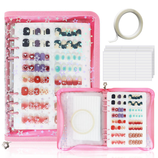 DHATMYC Press On Nail Storage Organizer Binder with 8 Insert Pages - A5 Size Reusable Fake Nail Swatch Star Collecting Book Polish Color Display Holder Container with Tape and Zipper Pocket (PINK)