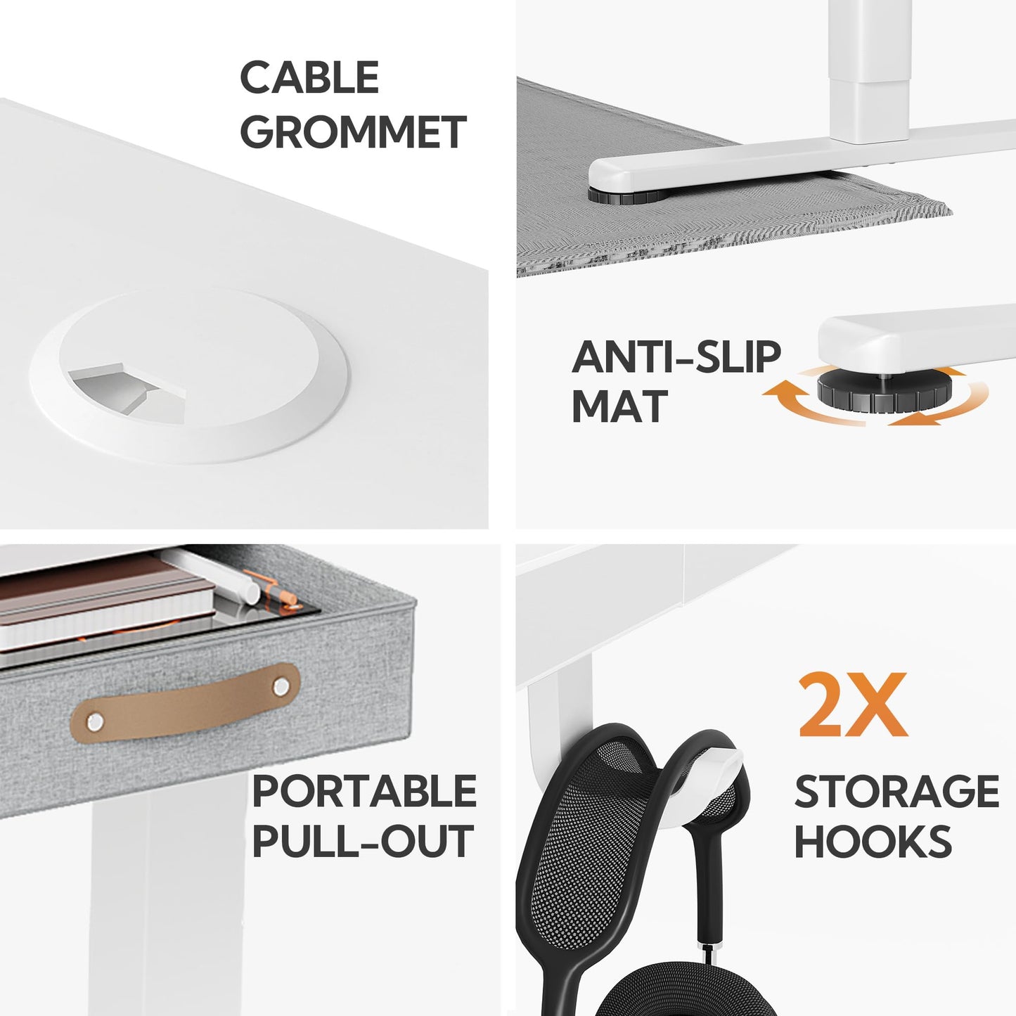 Seang Standing Desk with Drawer, 55" x 24" Height Adjustable Stand Up Desk, 3 Memory Height Settings with Cable Grommets & Storage Hooks, Ideal for Home & Office, White
