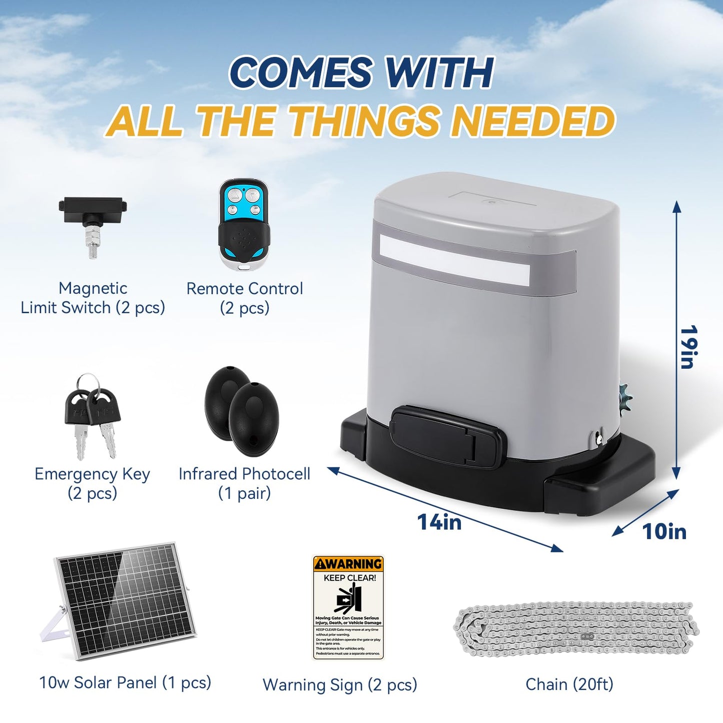 1300lbs Solar Sliding Gate Opener Chain Drive with Built-in Backup Battery, WiFi Remote Control, IR Sensor, Automatic Gate Motor for Heavy Driveway Slide Gates, Off-Grid Operation with Solar Panel