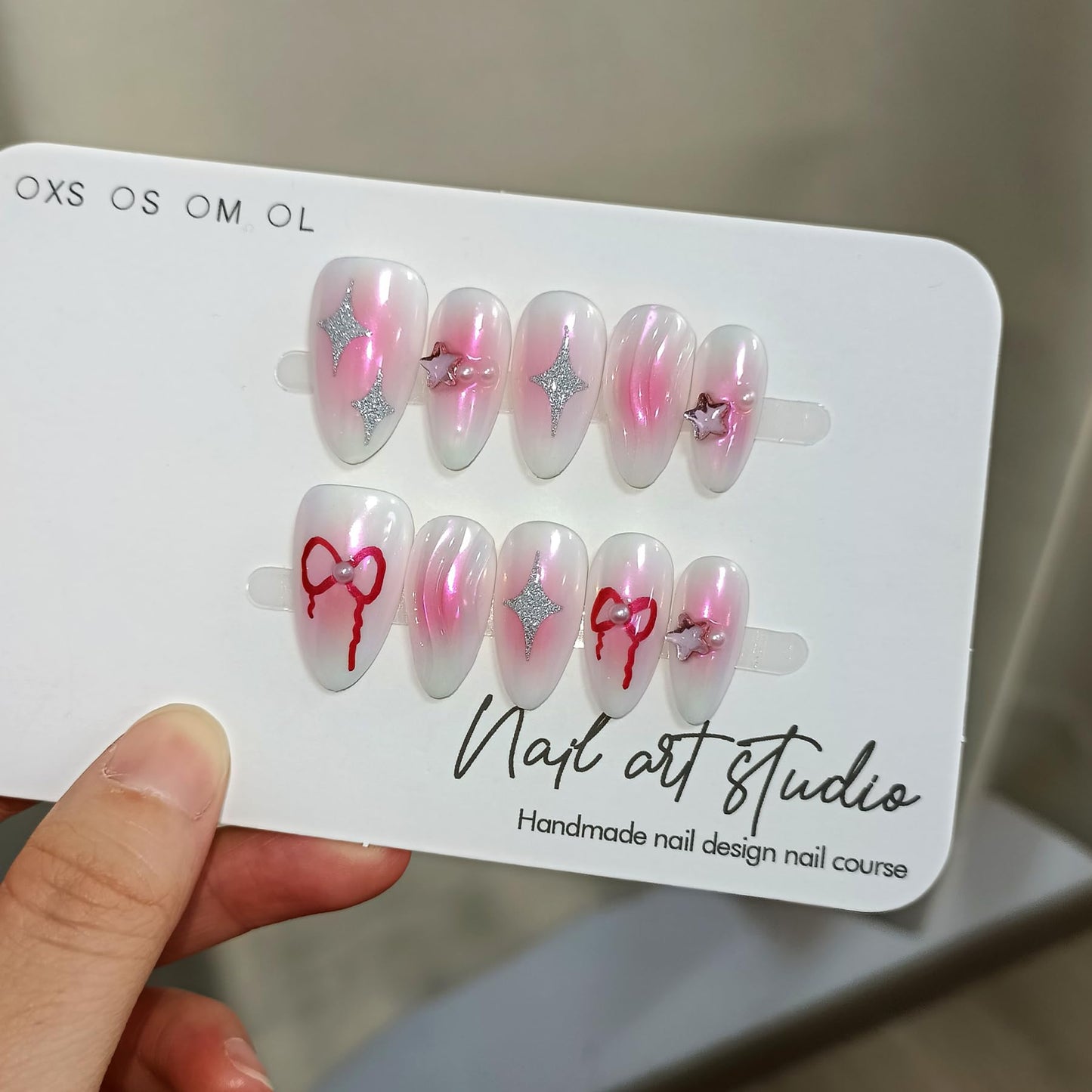 TENPAL Handmade Press On Nails Almond,Aurora Pink Acrylic Glossy Y2k Sweet Cool Soft Gel Fake Nails,Reusable Glue On Nails With Star Bow Stars Designs,10pcs/Box Manicure Art With Charms(M)