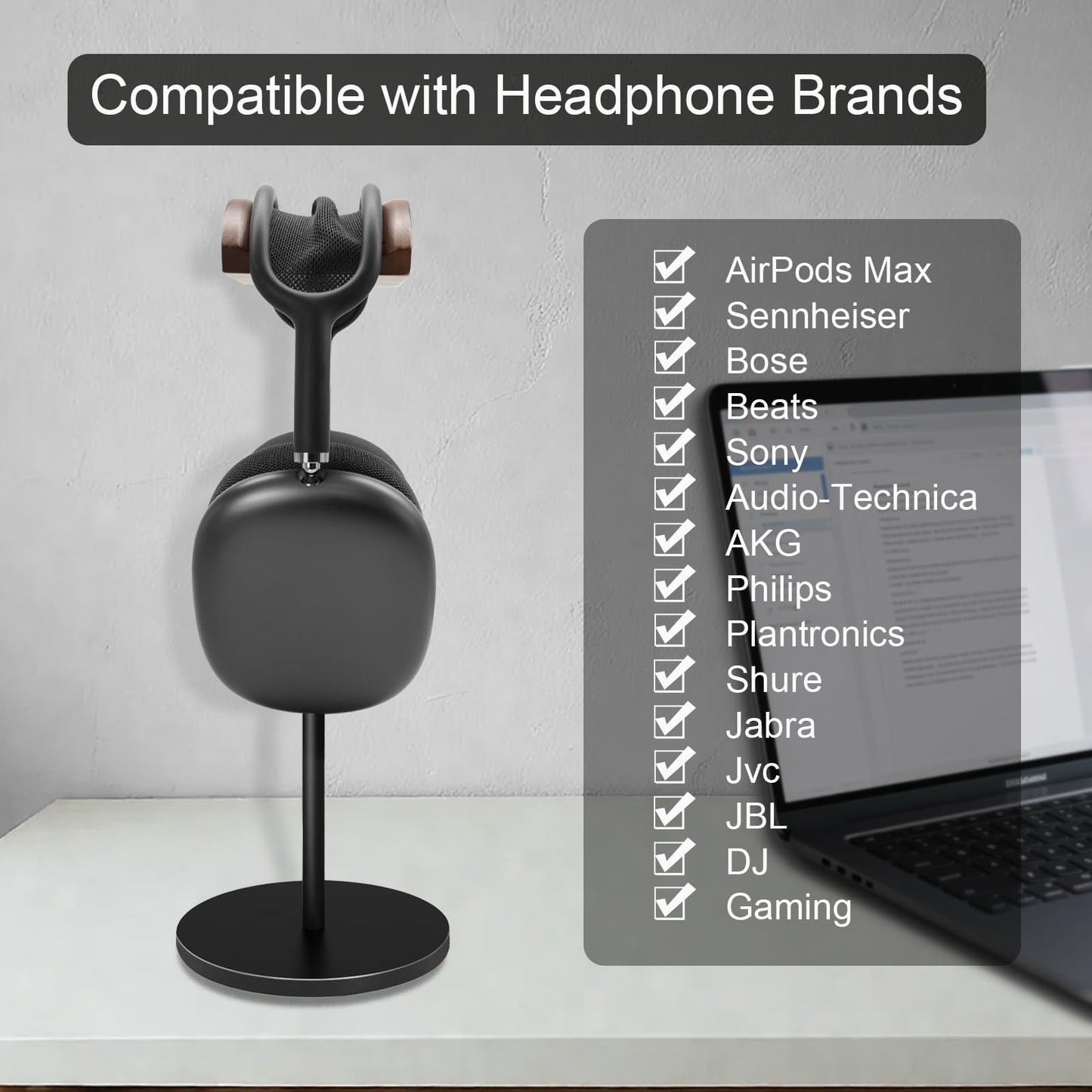 GEVO Headphone Stand for Desk, Walnut Wood & Aluminum Headset Stand, Universal Walnut Gaming Headset Holder with Solid Heavy Base for AirPod Max, Bose, Sony All Headphone Sizes (Circular Base)