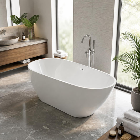 Garvee 67" Deep Soaking Bathtub, Non-Slip Acrylic Tub with Chrome Drain, cUPC Certified, Ergonomic Modern Bath for Bathrooms, Easy-Install, White Pearl