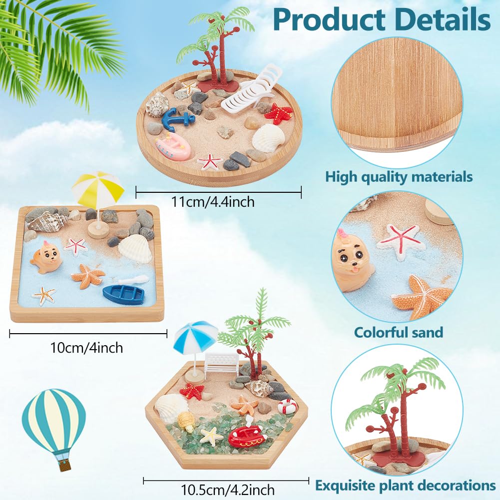 WEBEEDY 3 Sets Miniature Beach Zen Garden Kit Sand Craft Kit Ocean Beach Sandbox Decorations Meditation Mini Zen Garden Accessories for Home Office Desktop Decor Gift, 4/4.2/4.4 inch Tray
