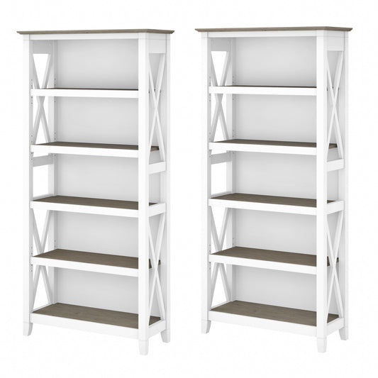 Bush Home Key West 5 Shelf Bookcase - Set of 2 | Tall Bookshelves in Pure White and Shiplap Gray | Sturdy Display Shelves for Library, Living Room, and Home Office