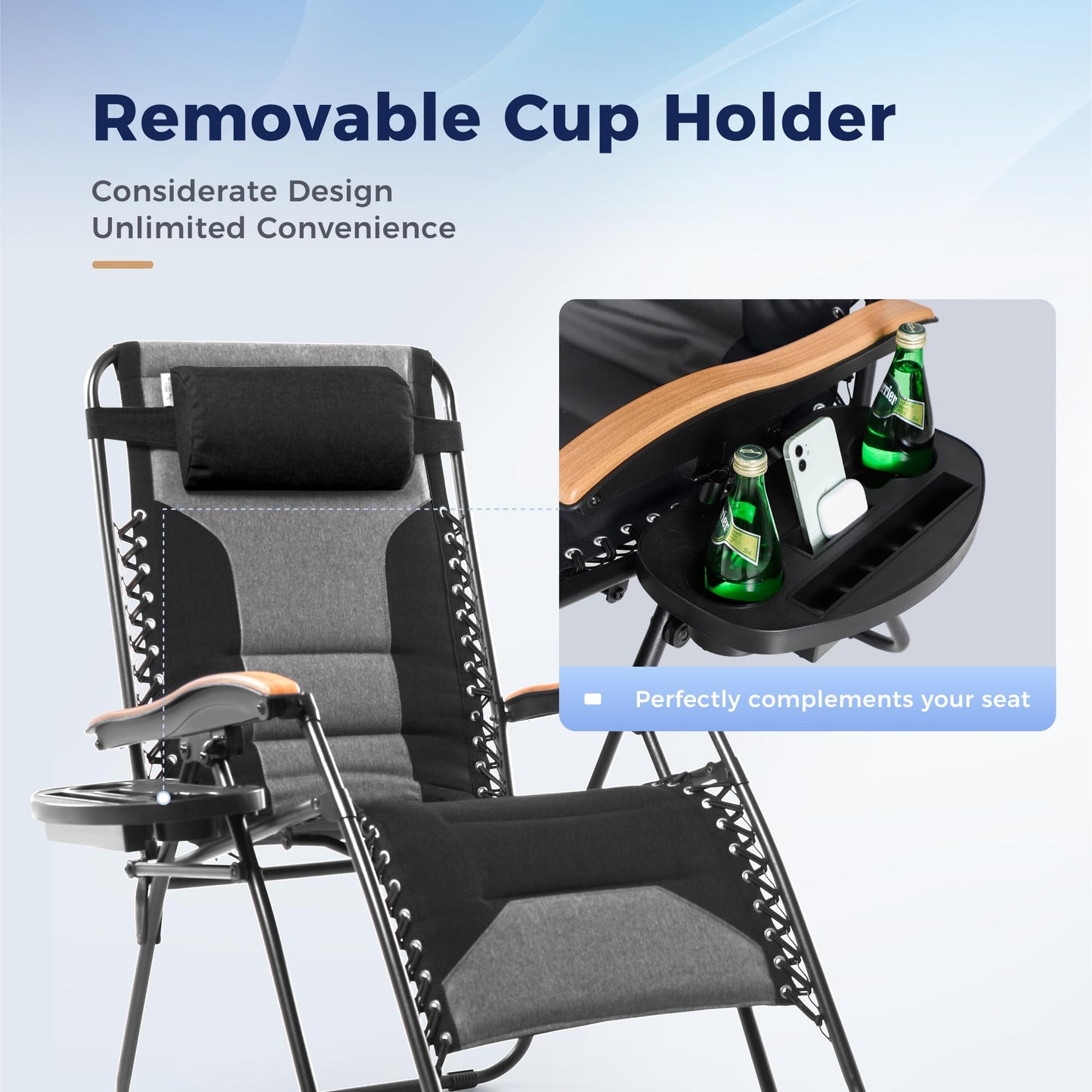 MAISON ARTS Oversized XXL Padded Zero Gravity Chair, 30" Wide Seat Foldable Patio Recliner, Anti Gravity Outdoor Lawn Chair with Cup Holder & Pillow, Supports 400lbs, Black & Grey