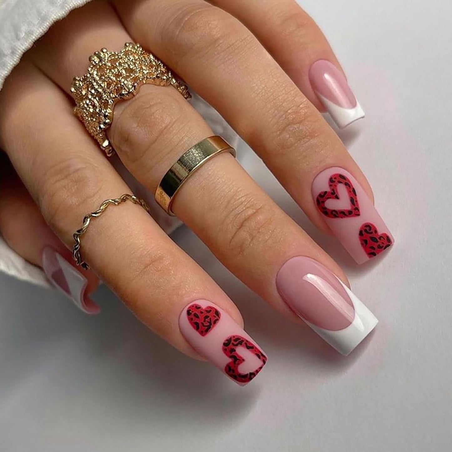 Vezocim 24Pcs Press on Nails Medium Heart Glossy Full Cover Artificial French Tips Fake Nails with Red Heart Designs Acrylic Square False Nails with Glue Coffin Stick on Fingernails for Women Girls