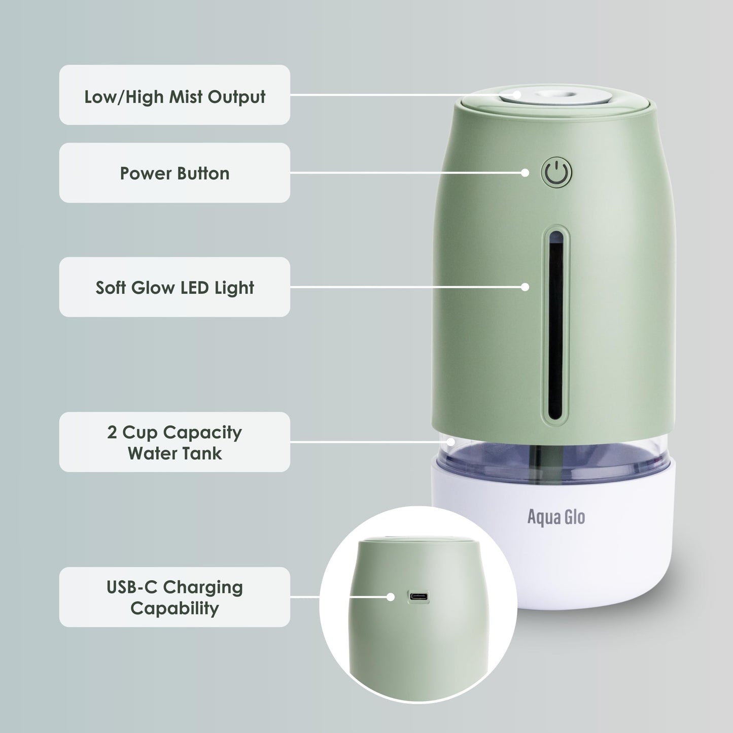Airvana Aqua Glo Personal, Portable Humidifiers for Bedroom – Ultrasonic Cool Mist Humidifier with Built In Rechargeable Battery. Air Humidifier for Baby, Plants, Home, Office, Travel. Mint Green