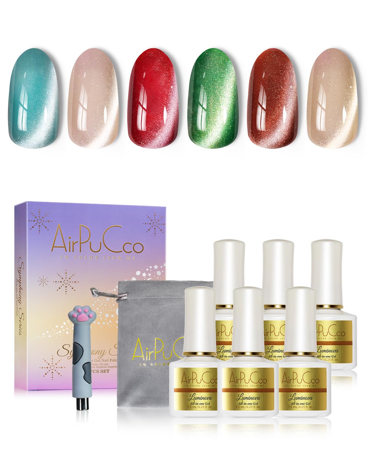 Airpucco All-in-One Cat Eye Gel Nail Polish Kit, 6 Colors in Warm Tones (Reddish-brown, Peach Nude), Soak Off Nail Art Set for Salon & Home DIY Manicure, Ultra-Portable Compact Design
