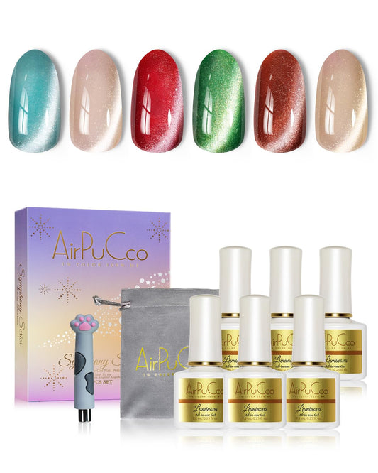 Airpucco All-in-One Cat Eye Gel Nail Polish Kit, 6 Colors in Warm Tones (Reddish-brown, Peach Nude), Soak Off Nail Art Set for Salon & Home DIY Manicure, Ultra-Portable Compact Design