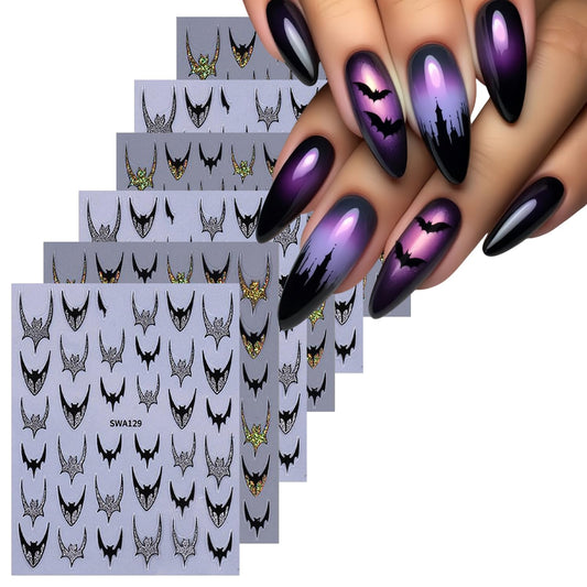 CJDLTS 6 Sheets Halloween Nail Art Stickers 3D Self -Adhesive Bat Nail Decals Holographic Hot Stamping Gold Silver Bat Nail Stickers Halloween French Nail Decoration for Women Manicure Supplies