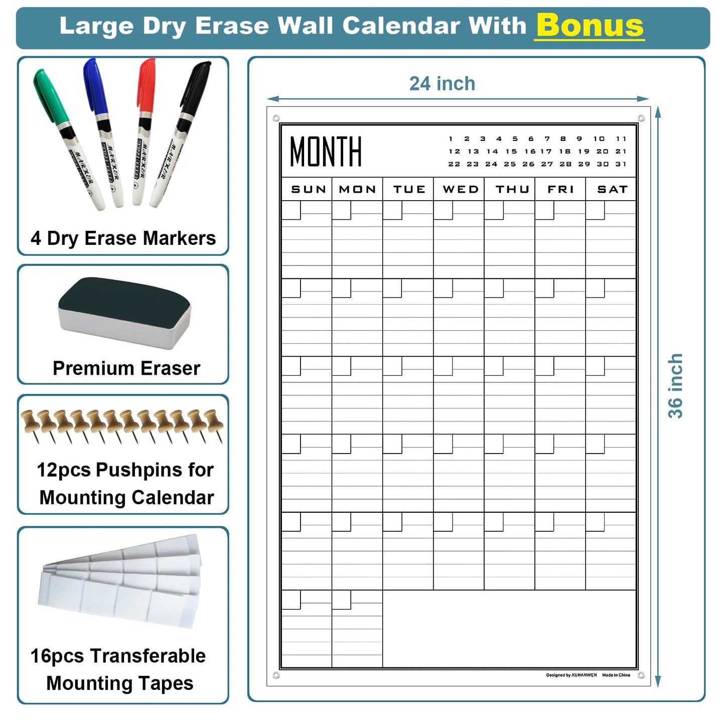 Large Dry Erase Calendar For Wall Monthly,24x36 Inch Big Vertical Blank White Board Calendar Fit to Narrow Wall,Giant Laminated Erasable 30 Day Schedule Planner Poster for Family,Office,Classroom