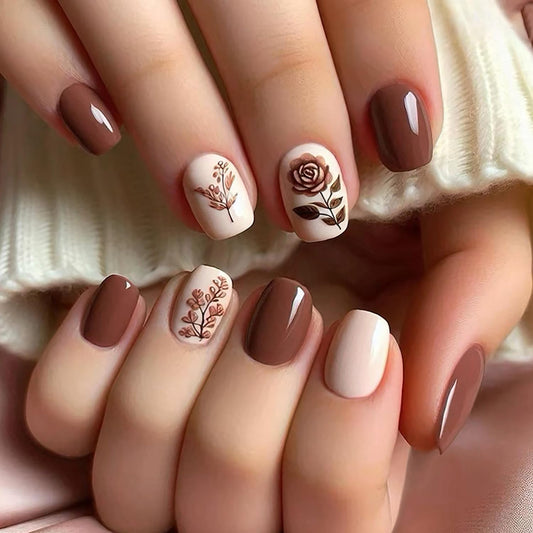 CJDLTS Press-on Nails - Short, Square Rose Flower Design, Full Cover Glossy Acrylic Coffin Nails, 24 Pcs